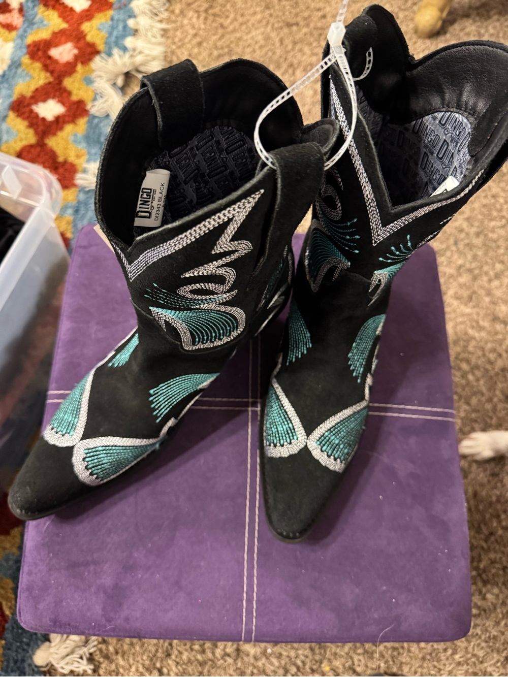 Dingo Black Suede Western Boots with Teal and Silver Stitching Sz 8-1/2  2” heel
